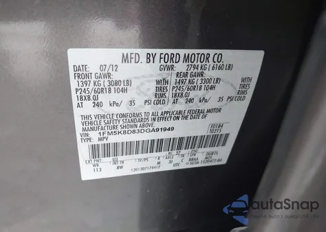 2013 Ford Explorer Xlt z USA, uszkodzony, nr VIN 1FM5K8D83DGA91949